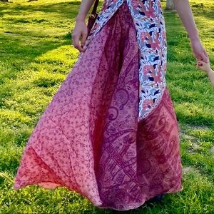 Recycled Vintage Indian Sari Pink Paisley Floral Umbrella Skirt Pants XS-L